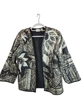 Chicos Black White Embroidered Silk Jacket Womens XL Floral Career Office Boho